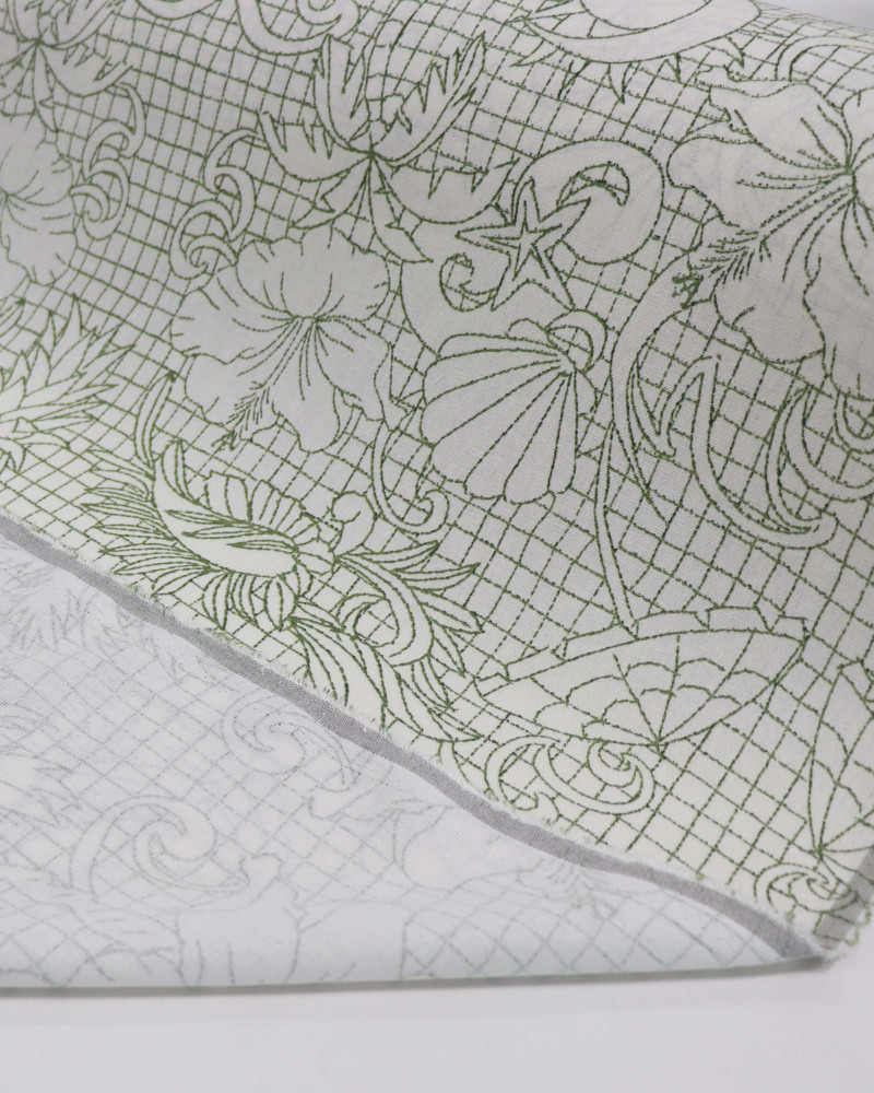 Tecido Linho Misto Estampado Quadriculado Tropical Verde e Offwhite