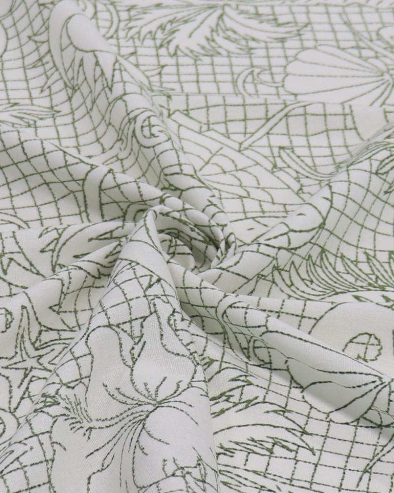 Tecido Linho Misto Estampado Quadriculado Tropical Verde e Offwhite