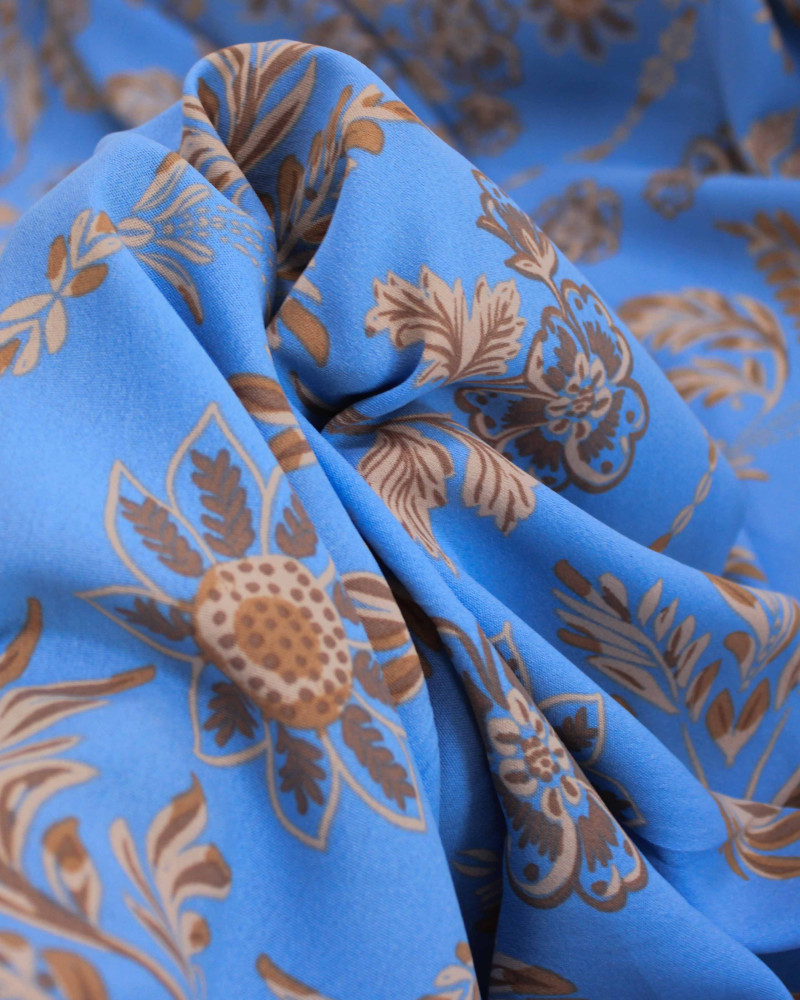 Tecido Crepe Koshibo Folhas e Flores Castanho, Bege e Azul Bebê