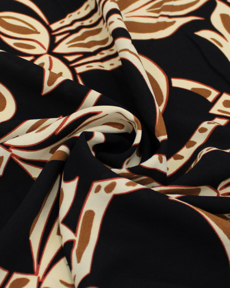 Tecido Crepe Koshibo Macro Estampa Étnica Creme, Caramelo e Preto