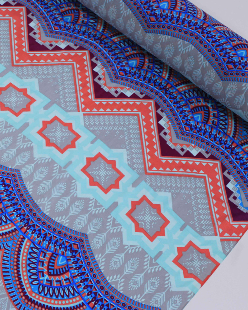 Tecido Tactel Fino Multi Barrado Vertical Estampado Azul, Roxo e Cinza