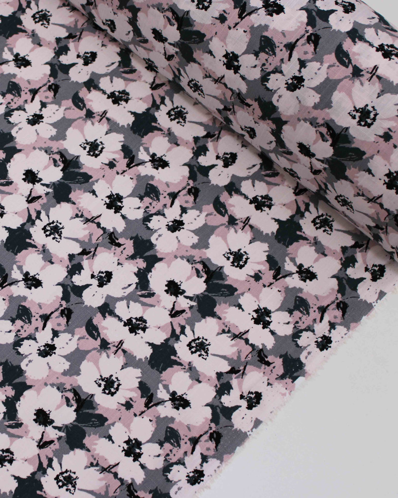 Tecido Viscose Texturizada Tapete Floral Abstrato Tons de Rosa e Tons de Cinza
