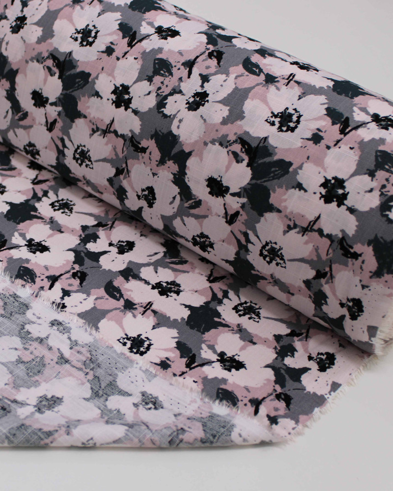 Tecido Viscose Texturizada Tapete Floral Abstrato Tons de Rosa e Tons de Cinza