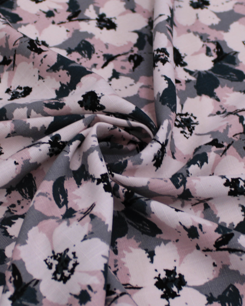 Tecido Viscose Texturizada Tapete Floral Abstrato Tons de Rosa e Tons de Cinza