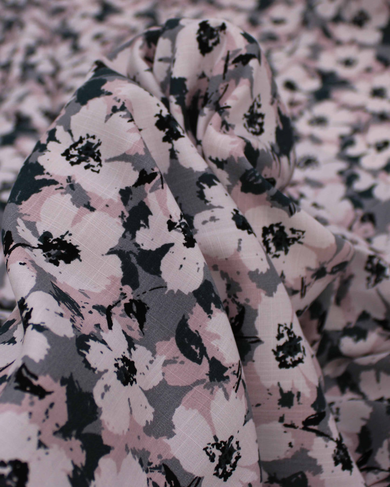 Tecido Viscose Texturizada Tapete Floral Abstrato Tons de Rosa e Tons de Cinza
