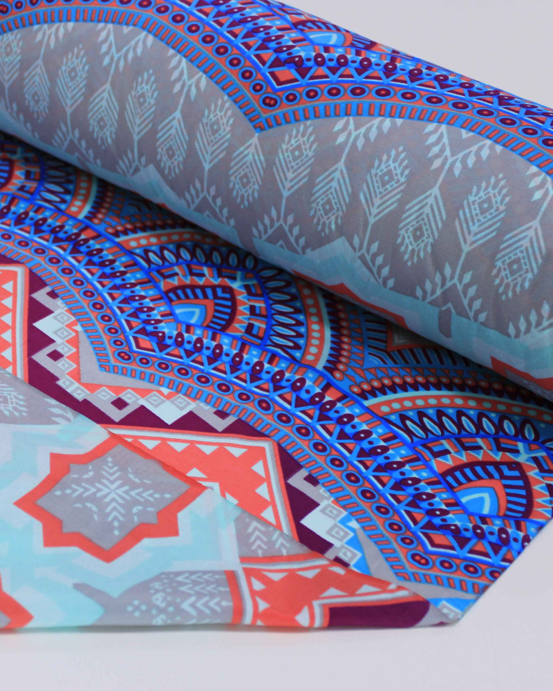 Tecido Tactel Fino Multi Barrado Vertical Estampado Azul, Roxo e Cinza