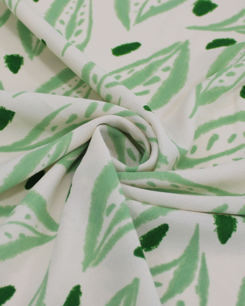 Tecido Crepe Koshibo Macro Folhas Tons de Verde e Branco
