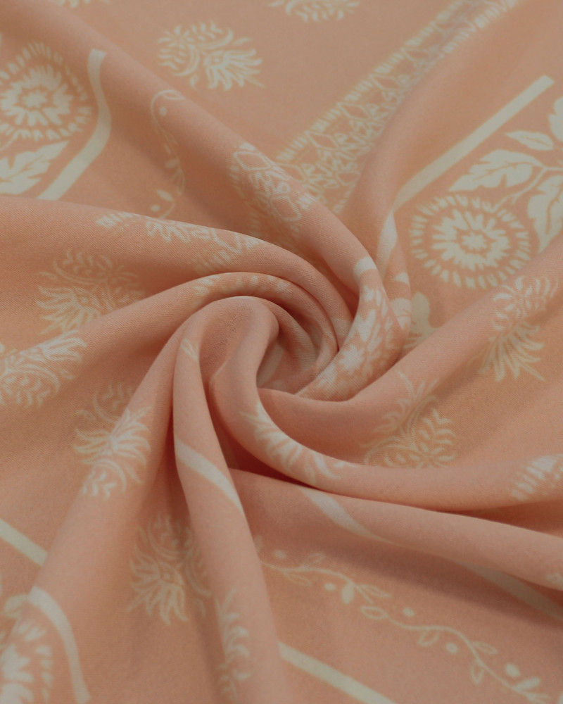 Tecido Crepe Koshibo Listras Étnicas Creme e Salmão