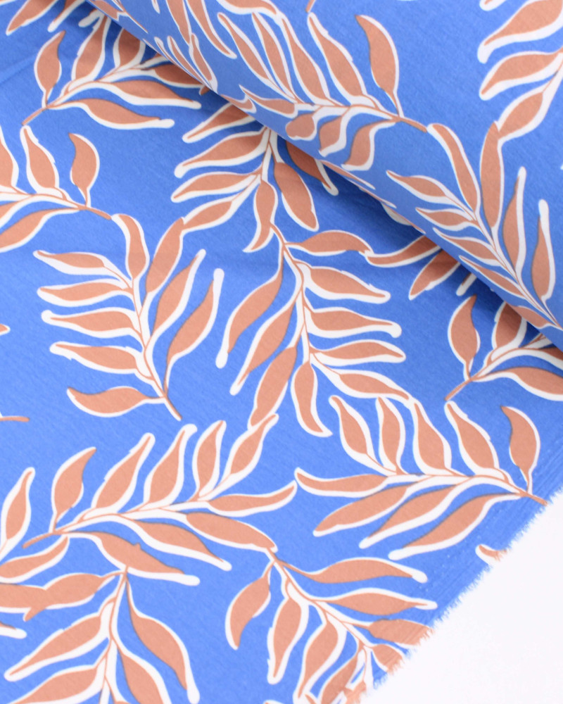 Tecido Crepe Koshibo Ramos Castanho, Branco e Azul