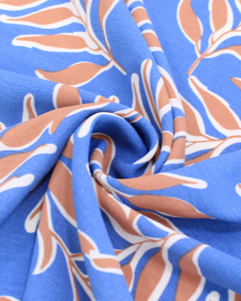 Tecido Crepe Koshibo Ramos Castanho, Branco e Azul