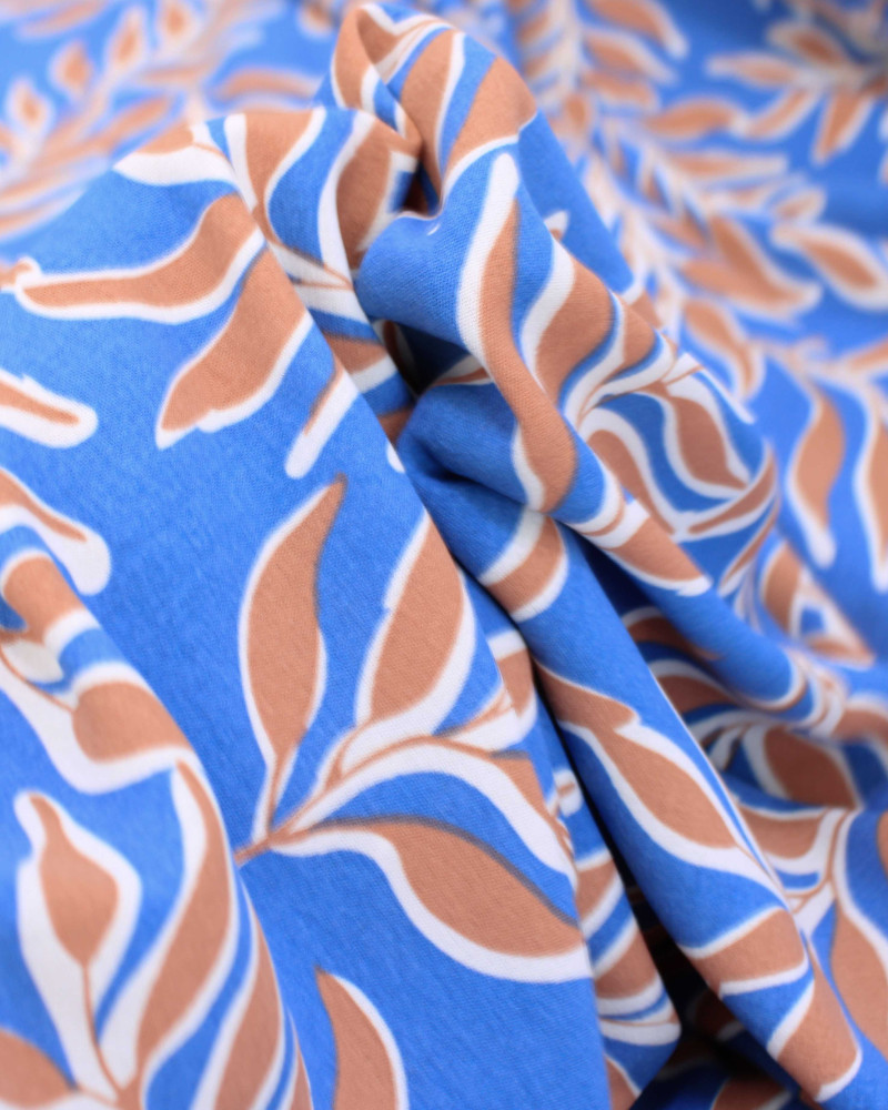 Tecido Crepe Koshibo Ramos Castanho, Branco e Azul