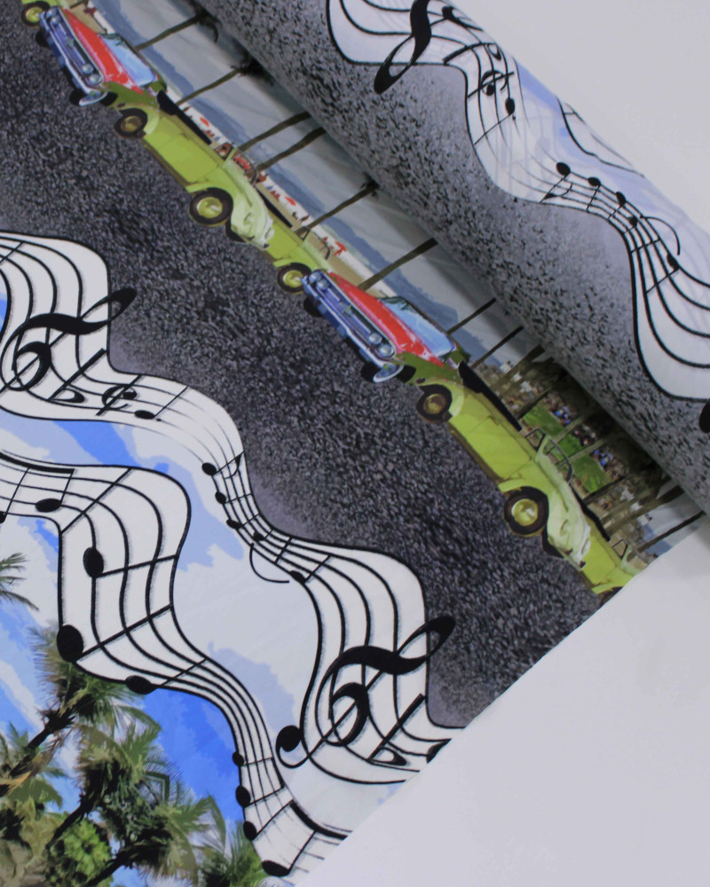 Tecido Tactel Fino Multi Estampa Vertical Carros e Música Colorido