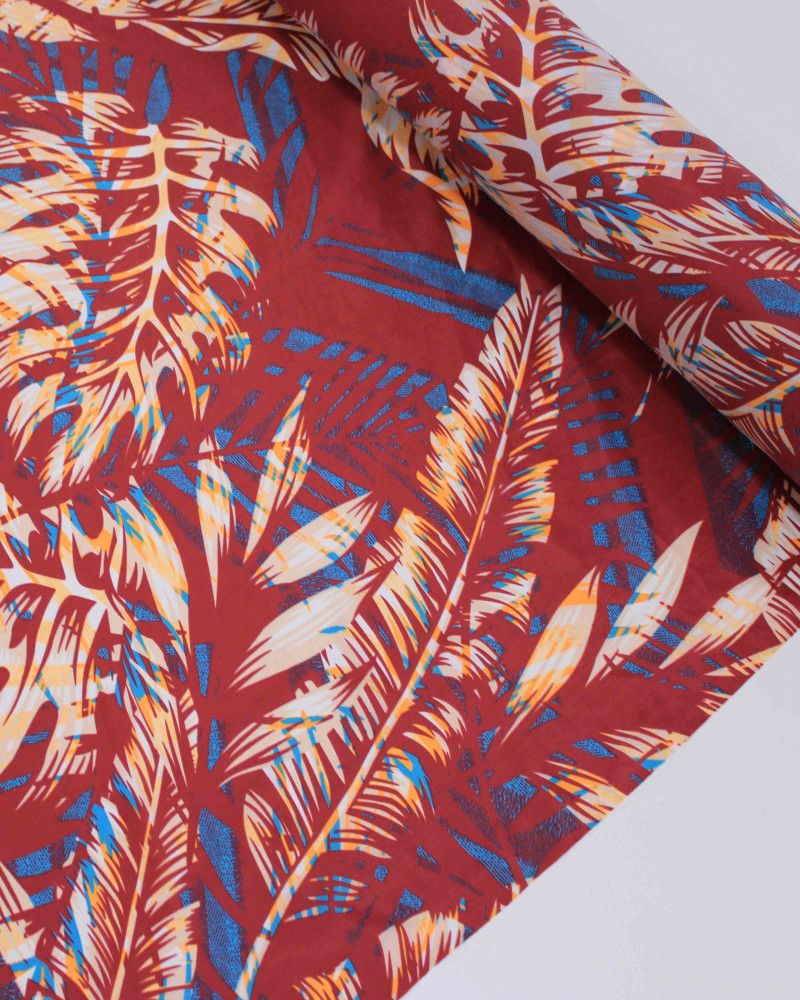 Tecido Tactel Fino Macro Folhas Colorido e Vermelho Valentino