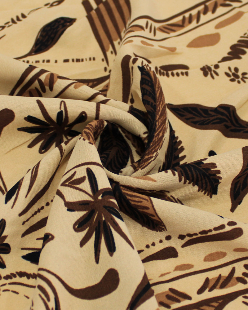 Tecido Crepe Koshibo Folhagens Abstratas em Listras Tons de Marrom e Bege