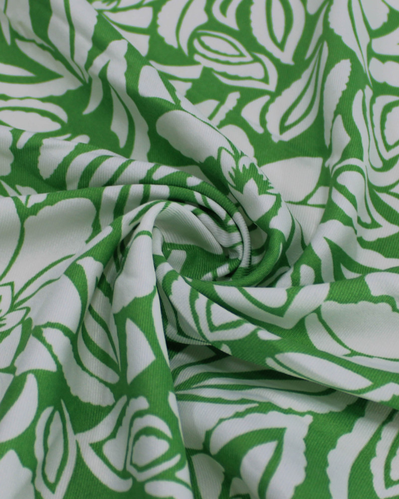 Tecido Crepe Sarjado Folhas e Flores Abstratas Branco e Verde