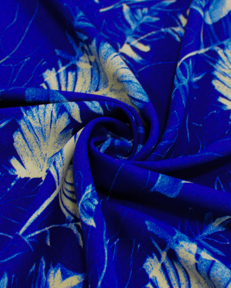 Tecido Crepe Koshibo Folhagens Creme e Azul Marinho
