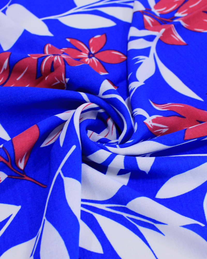 Tecido Crepe Koshibo Macro Ramos Vermelho, Branco e Azul