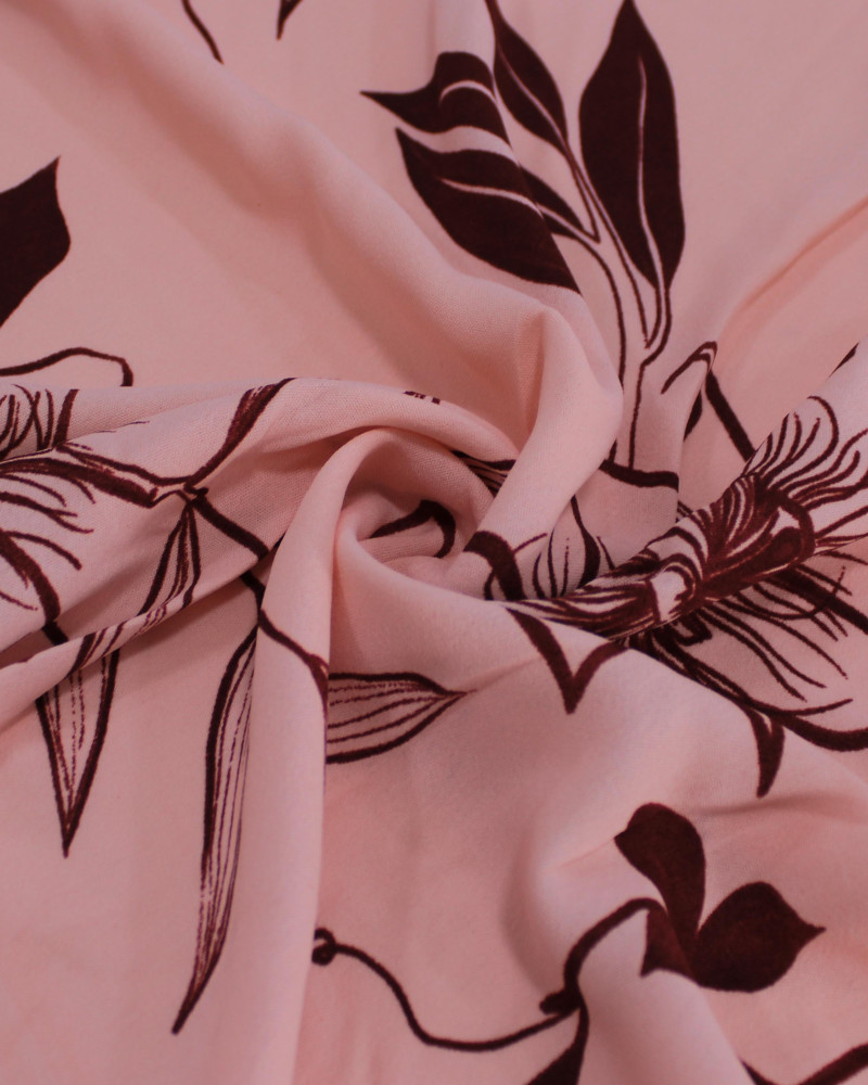 Tecido Crepe Koshibo Rascunho Floral Borgonha e Rosa Claro