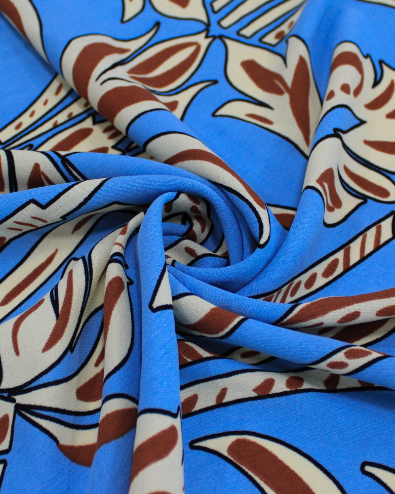 Tecido Crepe Koshibo Macro Arabescos Marrom, Offwhite e Azul Céu