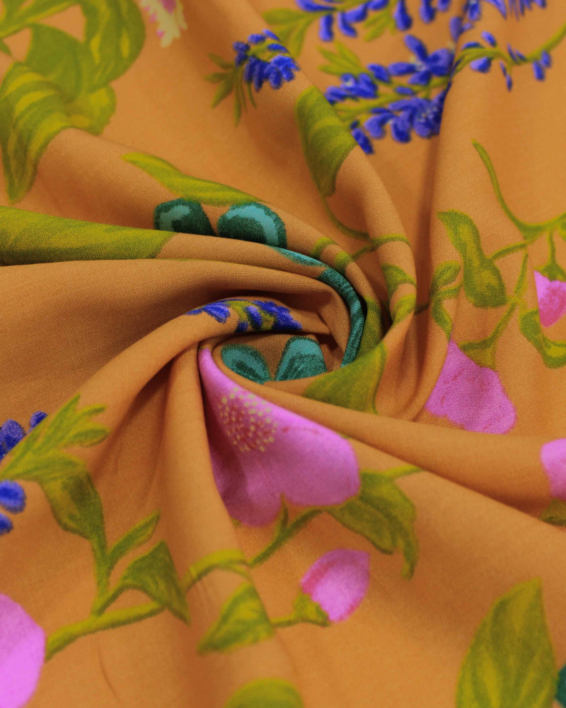 Tecido Viscose Jardim Floral Colorido e Laranja