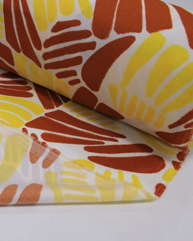 Tecido Crepe Sarjado Riscos Caramelo, Amarelo e Branco