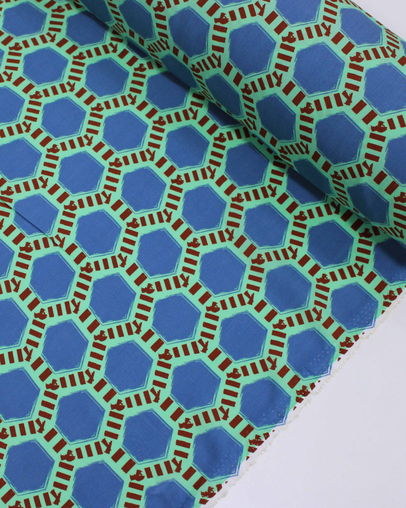 Tecido Viscose Colmeias Azul, Marrom e Verde