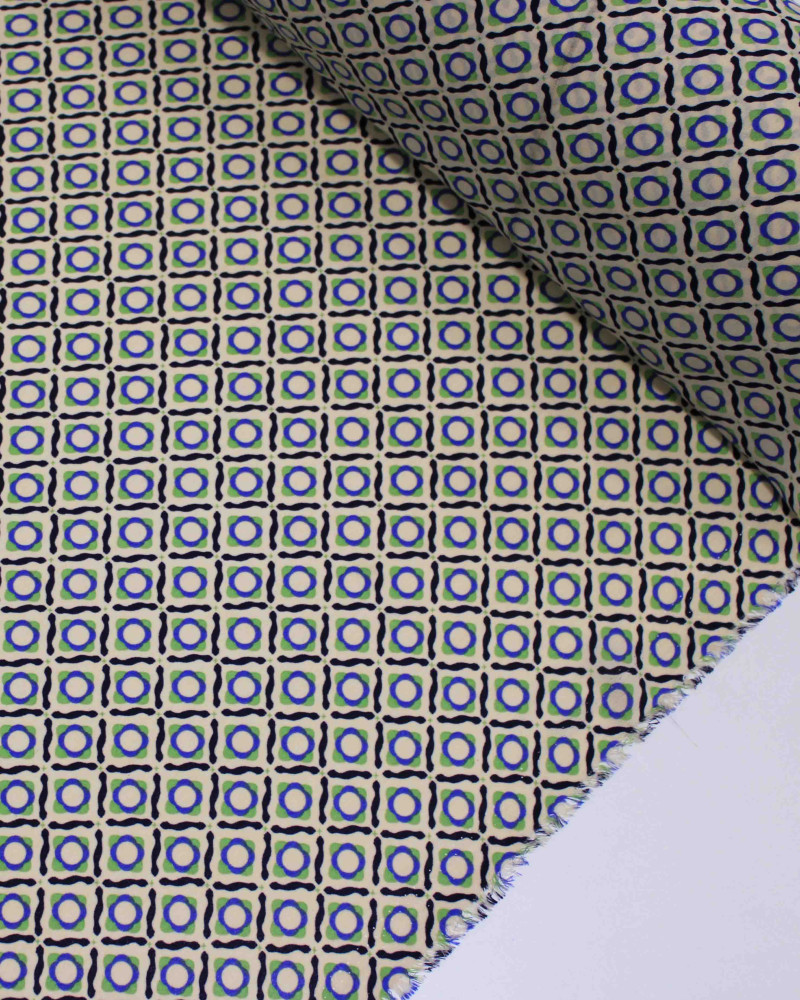 Tecido Crepe Chiffon Grosso Estampa Multi Geométrica Azul, Verde e Bege