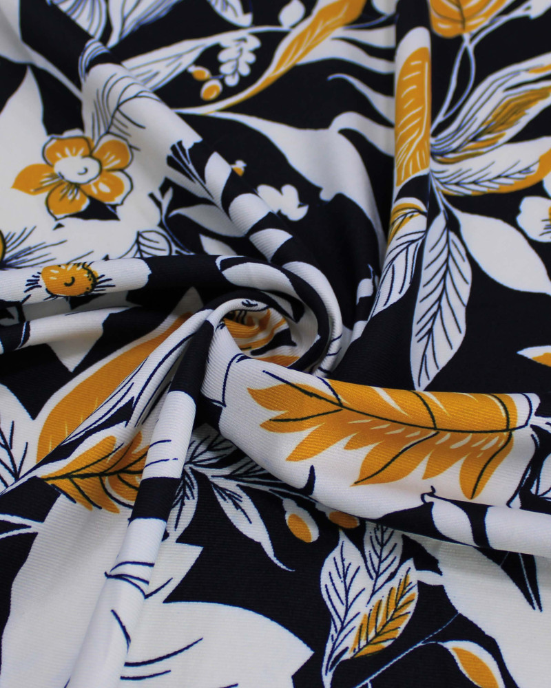 Tecido Crepe Sarjado Macro Ramos e Flores Amarelo, Branco e Azul Marinho Noite