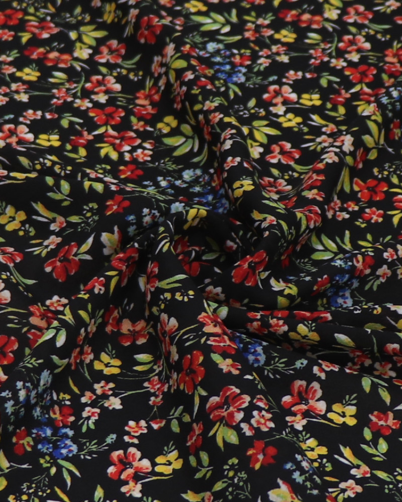 Tecido Crepe Koshibo Leve Tapete Floral Colorido e Preto