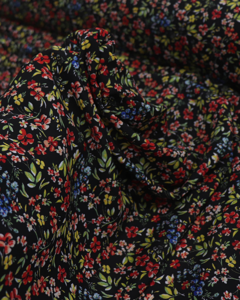 Tecido Crepe Koshibo Leve Tapete Floral Colorido e Preto