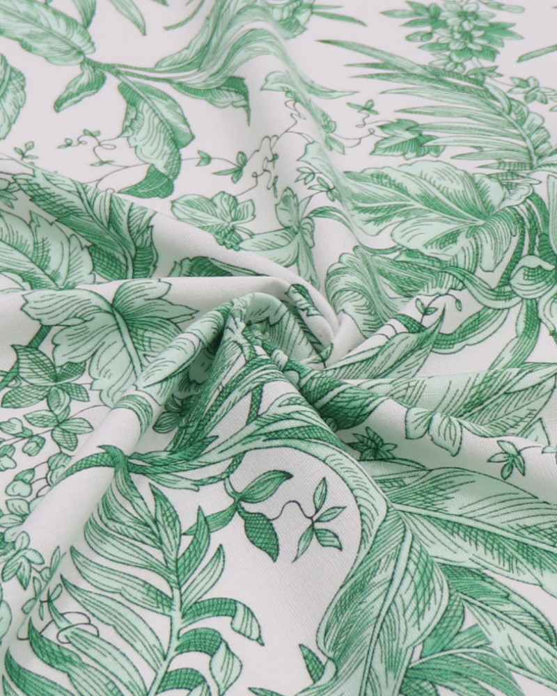 Tecido Linho Misto Estampado Macro Vegetação Verde e Branco