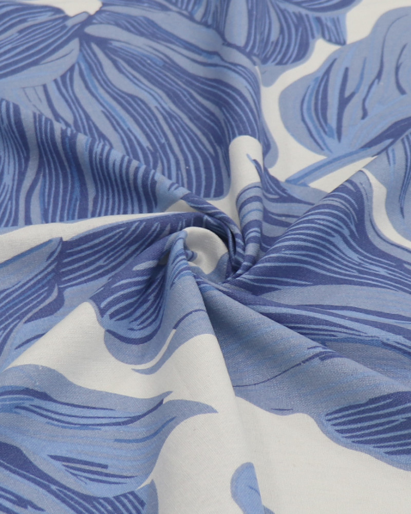 Tecido Linho Misto Estampado Macro Folhas Tons de Azul e Branco (3m)