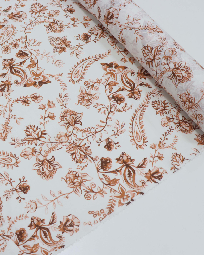 Tecido Cambraia de Algodão Ramos em Cashmere Branco e Cobre