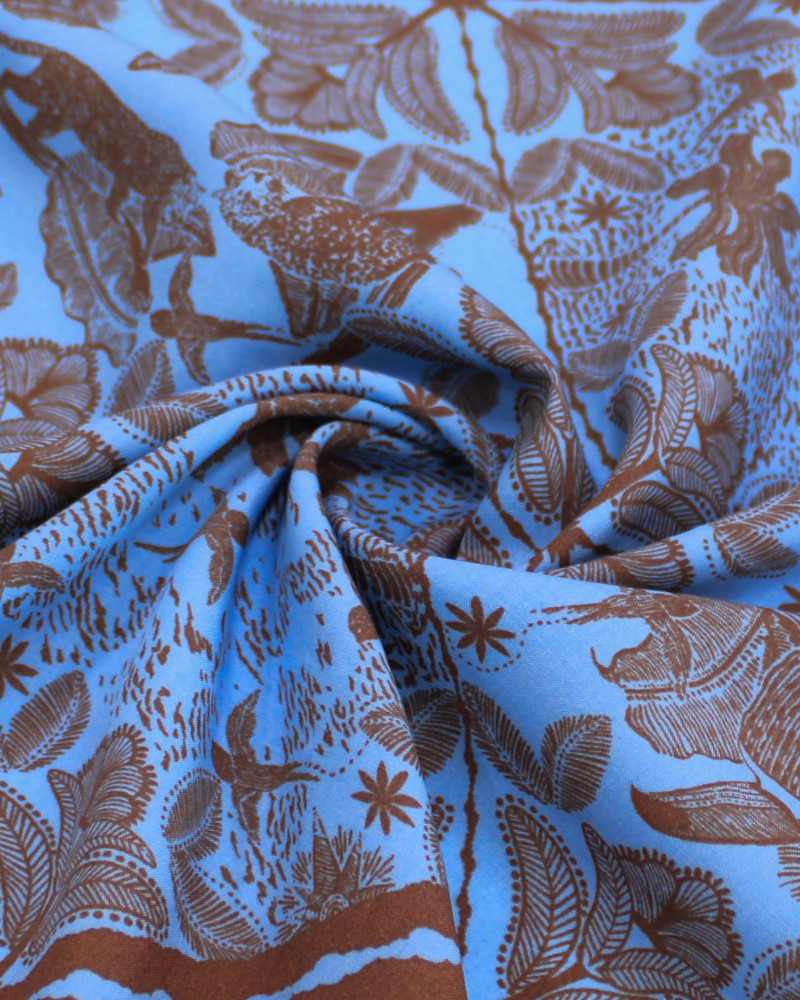 Tecido Viscose Estampa Lenço Tropical Castanho e Azul Bebê