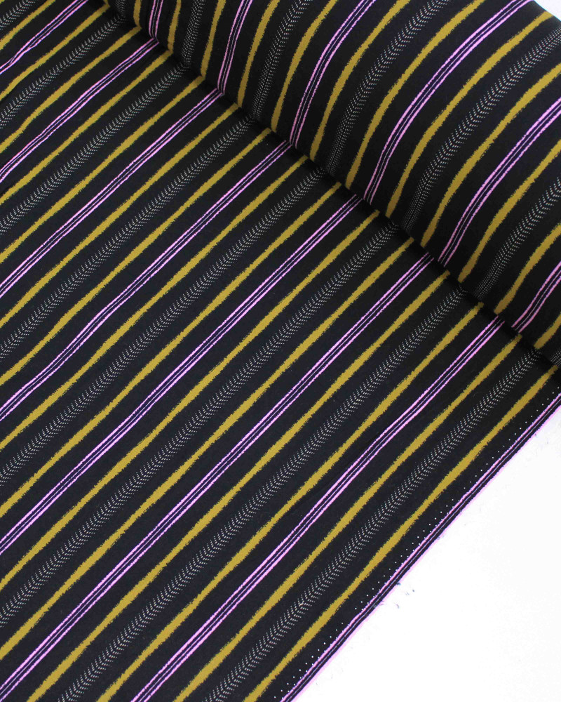 Tecido Viscose Multi Listras Rosa, Amarelo Queimado e Preto
