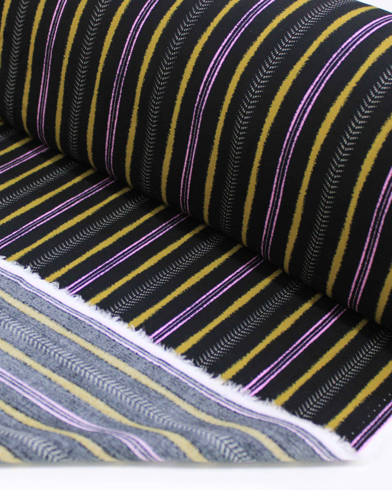 Tecido Viscose Multi Listras Rosa, Amarelo Queimado e Preto