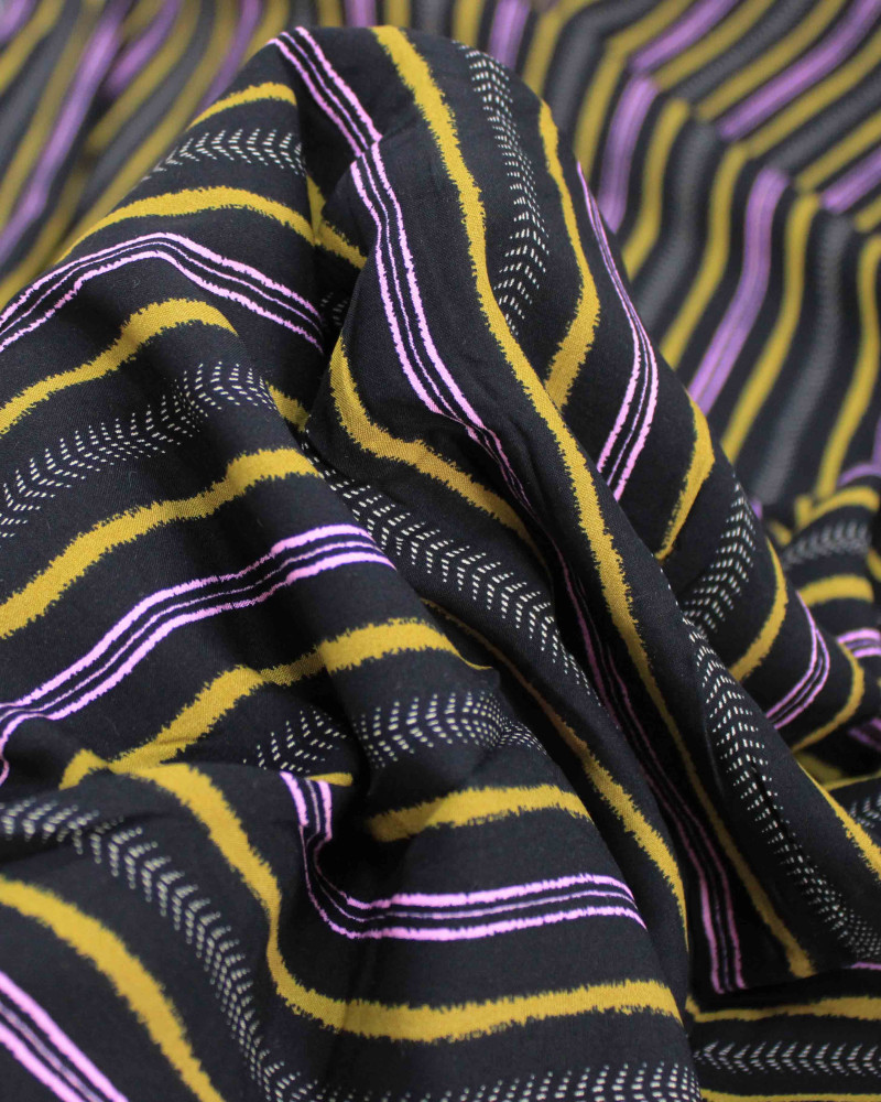 Tecido Viscose Multi Listras Rosa, Amarelo Queimado e Preto