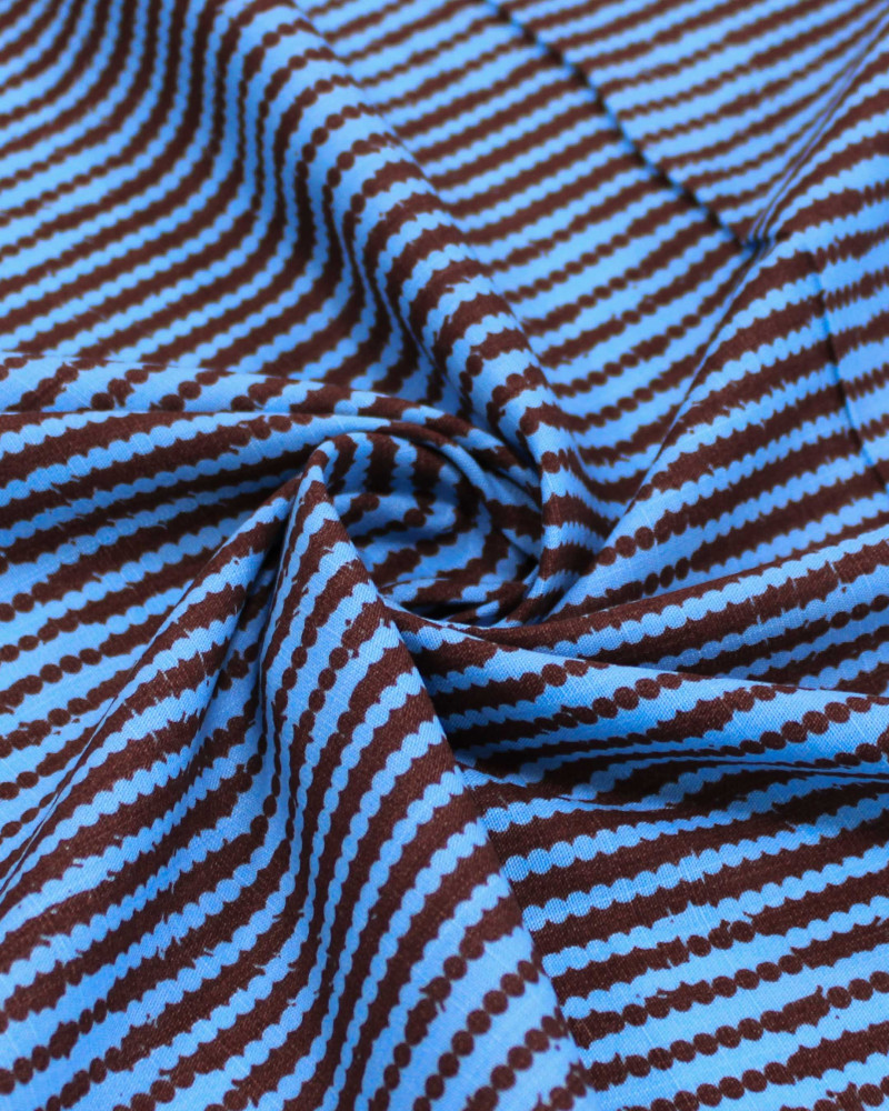 Tecido Viscose Texturizada Campo Floral Abstrato em Listras Pontilhadas Marrom e Azul