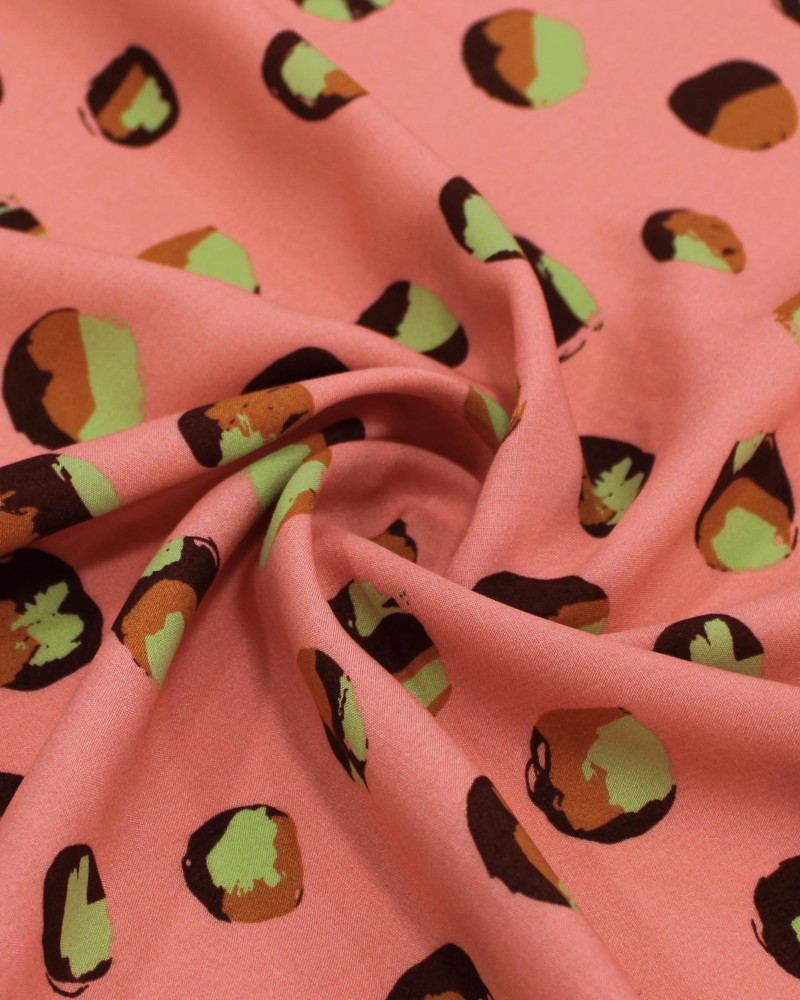 Tecido Viscose Pingos Irregulares Estampados Verde, Tons de Marrom e Rosa Claro