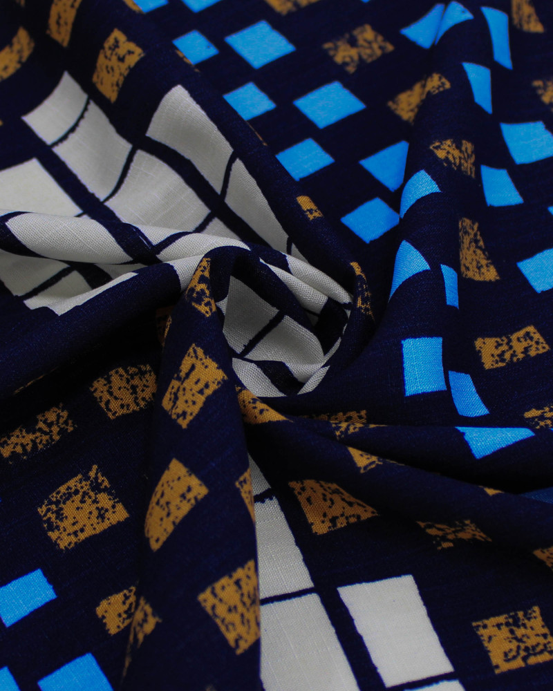 Tecido Viscose Texturizada Listras Geométricas Offwhite, Laranja e Tons de Azul