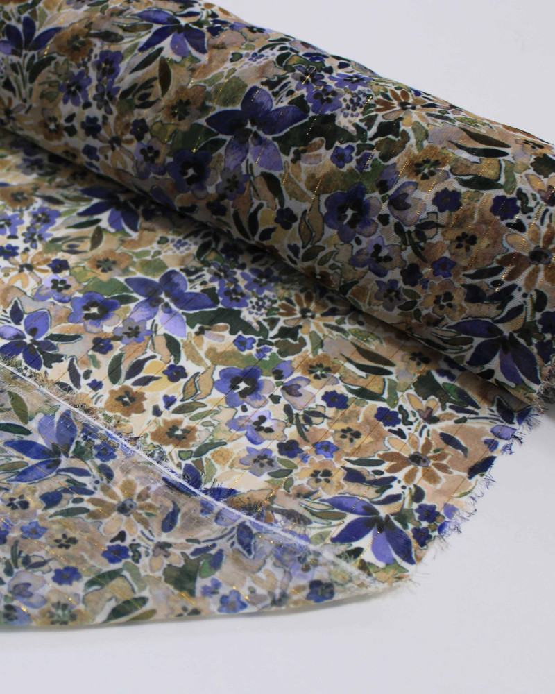Tecido Crepe Chiffon Italiano com Lurex Tapete Floral Colorido e Branco