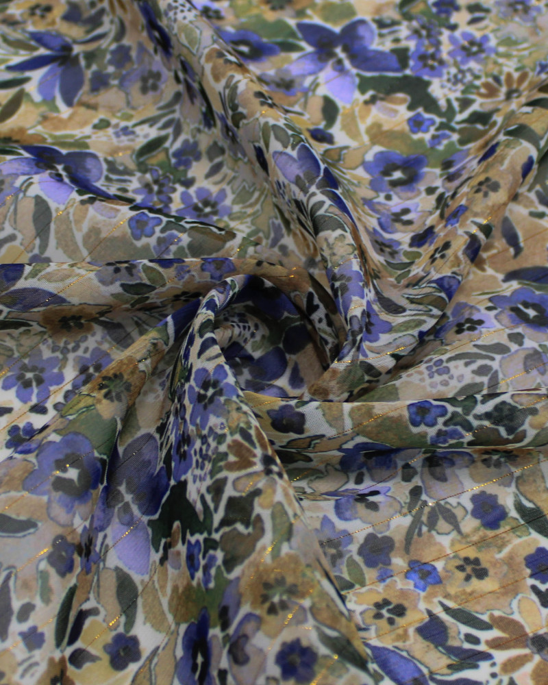 Tecido Crepe Chiffon Italiano com Lurex Tapete Floral Colorido e Branco