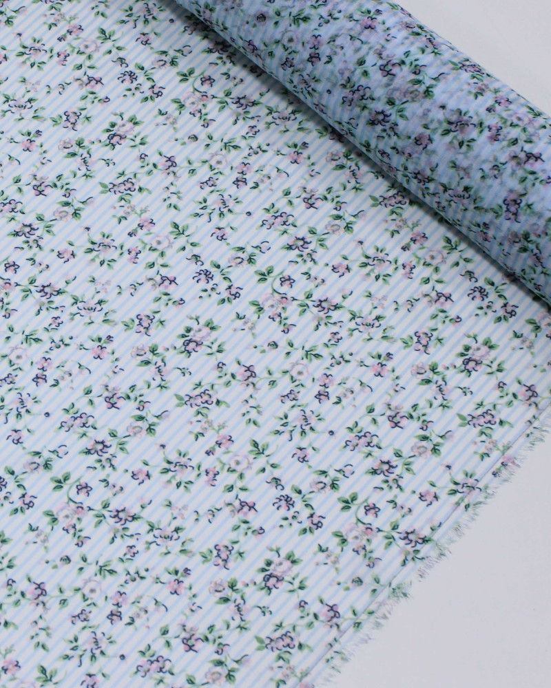 Tecido Crepe Chiffon Italiano Micro Flores em Listras Rosa Tons de Verde e Branco