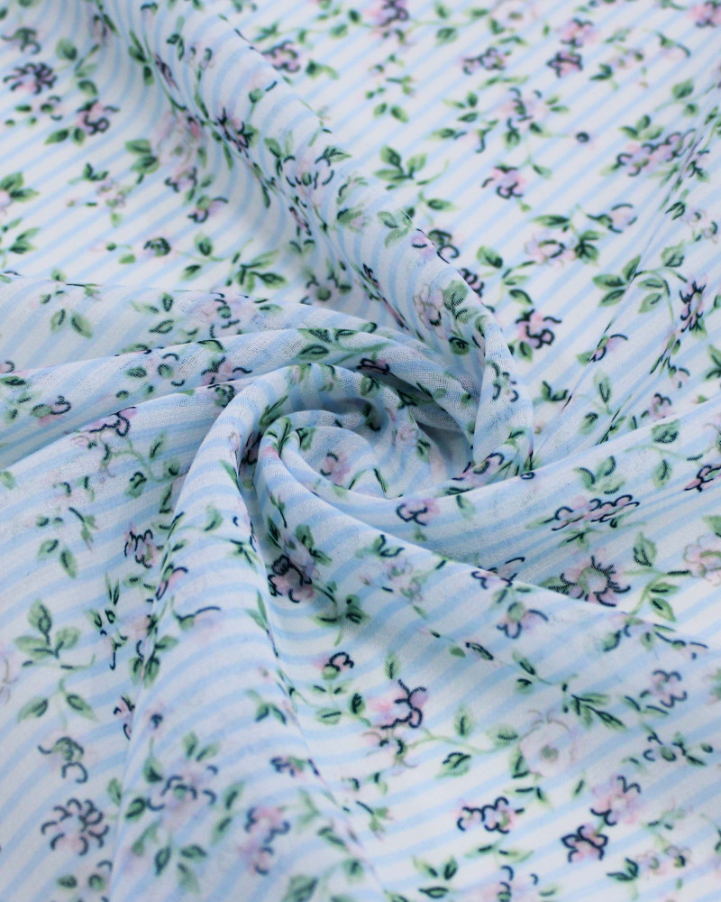 Tecido Crepe Chiffon Italiano Micro Flores em Listras Rosa Tons de Verde e Branco