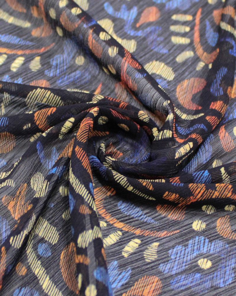 Tecido Crepe Chiffon Texturizado Italiano Estampa Absrata em Riscos Colorido e Preto