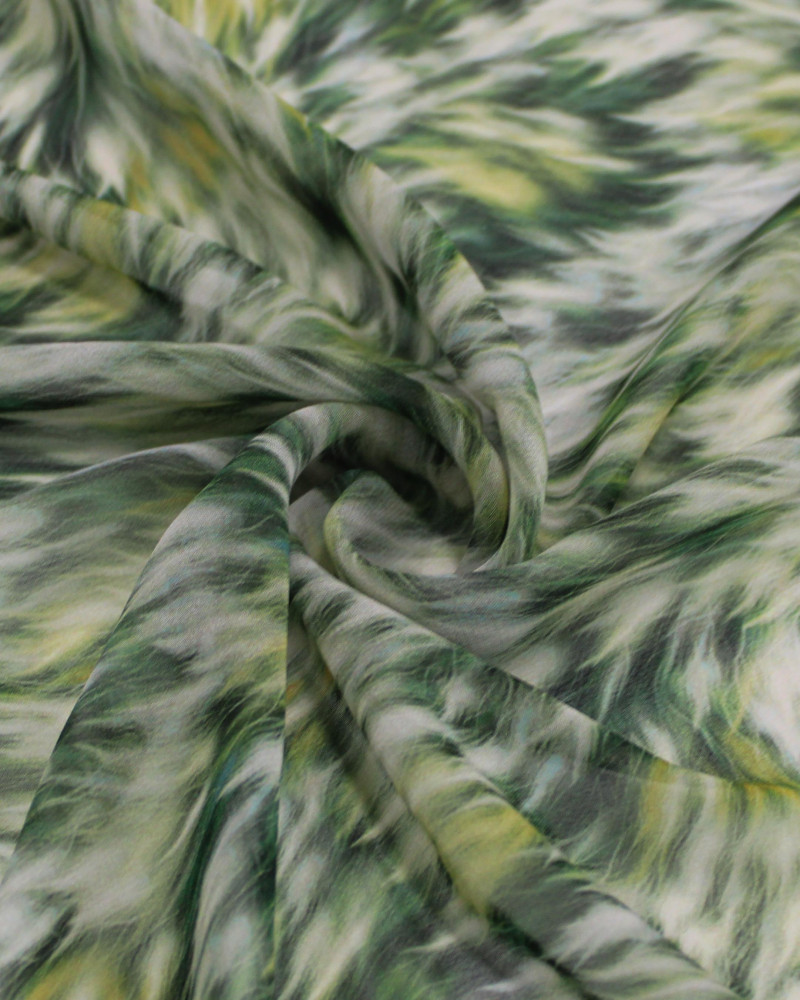 Tecido Crepe Chiffon Italiano Pintura Abstrata Branco e Tons de Verde
