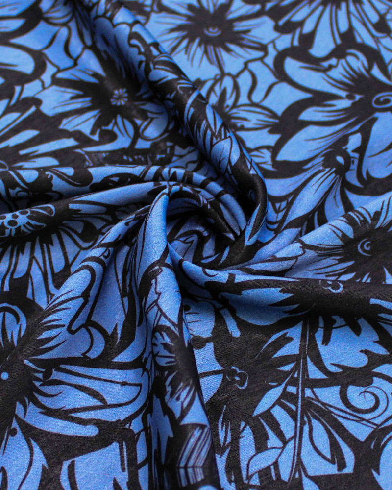 Tecido Viscose Acetinado Italiano Tapete Floral Preto e Azul Petróleo