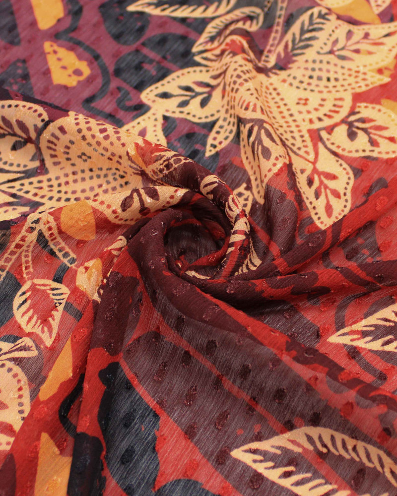 Tecido Crepe Chiffon Texturizado Italiano Brocado Listras Florais Muli Estampadas Tons de Vermelho