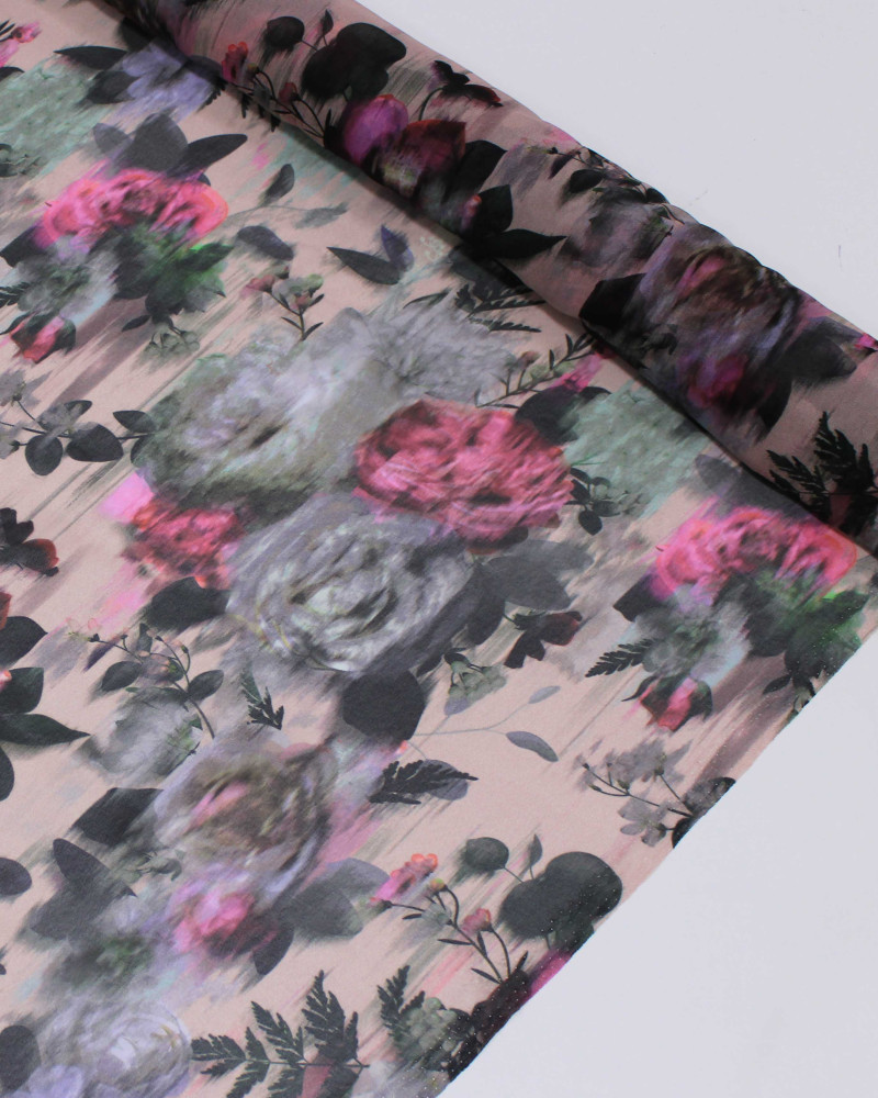 Tecido Crepe Chiffon Italiano Campo de Flores em Desfoque Colorido e Nude