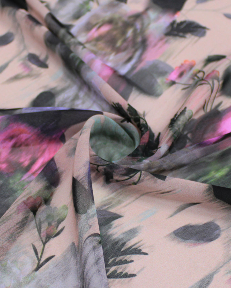 Tecido Crepe Chiffon Italiano Campo de Flores em Desfoque Colorido e Nude